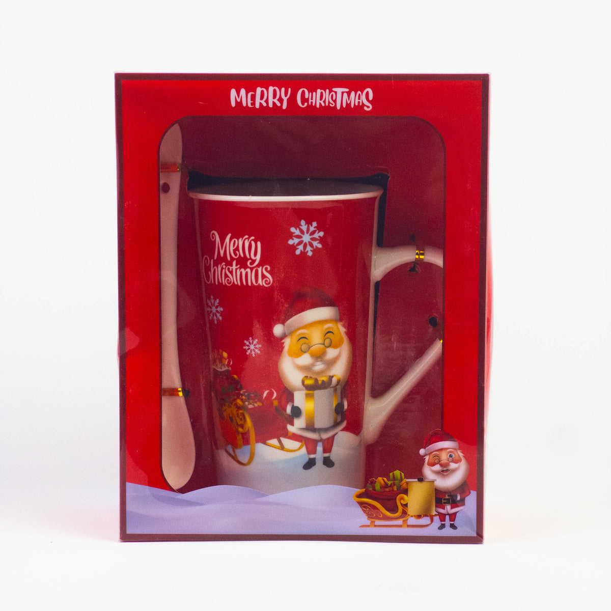 Tall Christmas mug with spoon set design #1 in red gift box