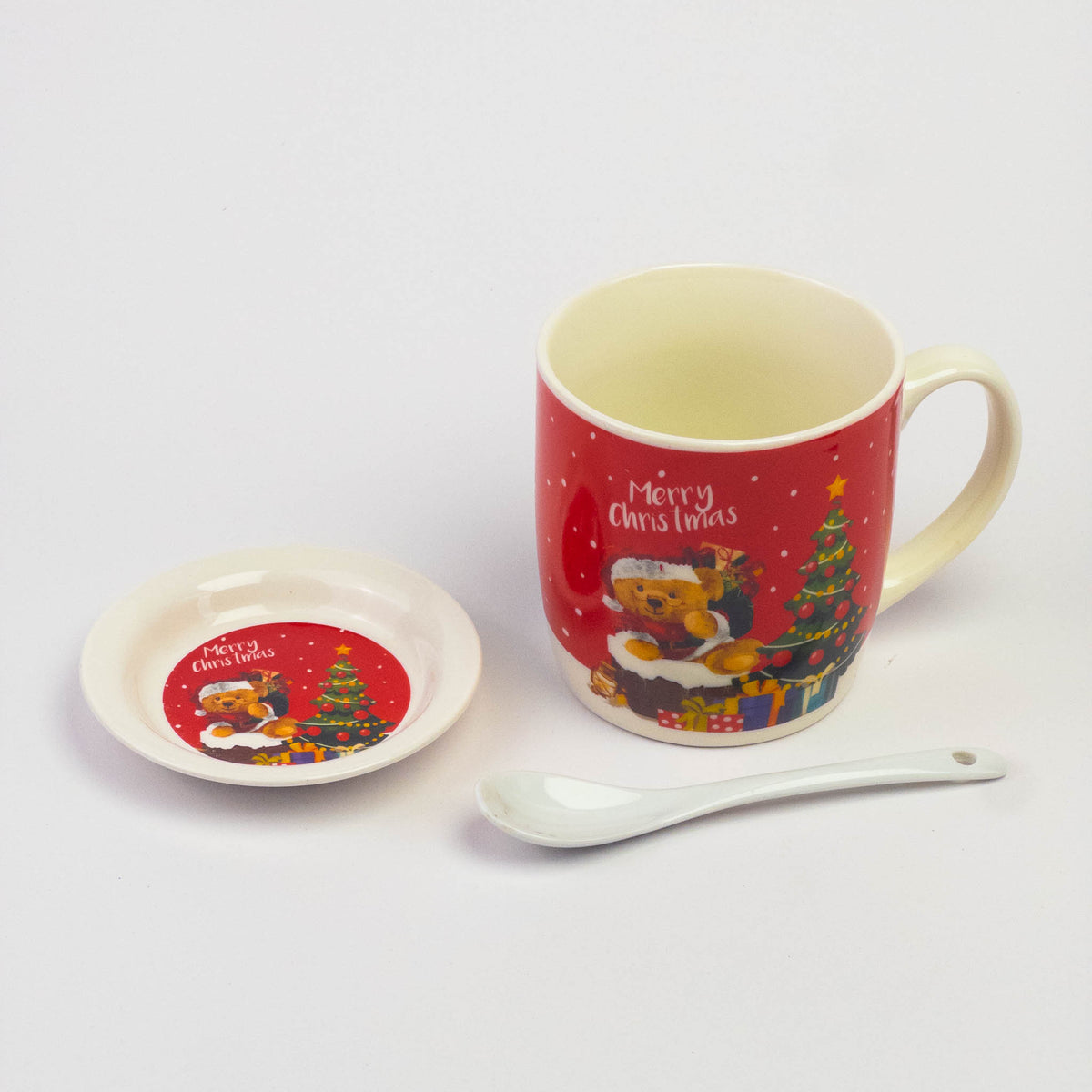 Red teddy bear Christmas mug with its matching lid and ceramic spoon