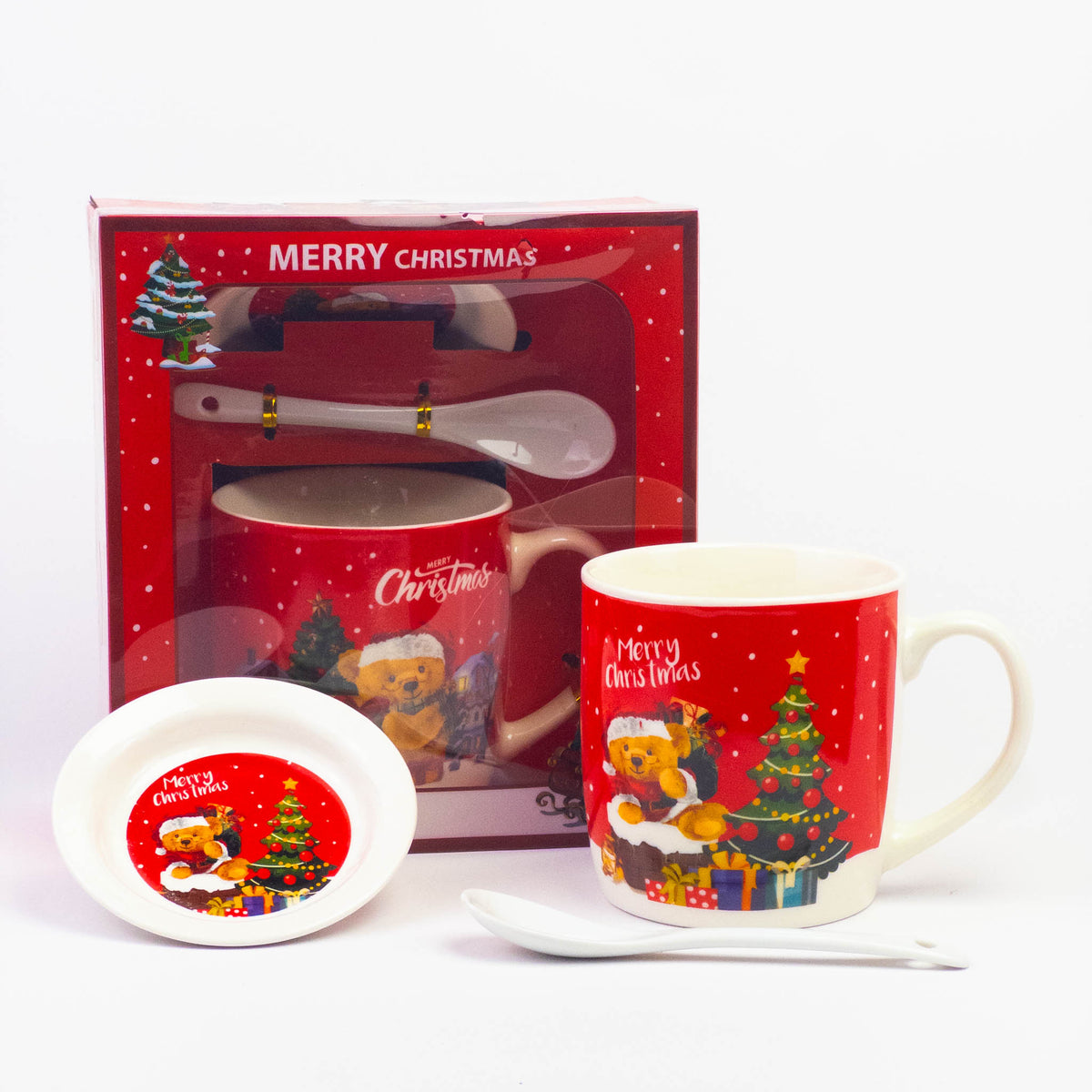 Teddy bear Christmas mug with lid and spoon next to its Merry Christmas gift box