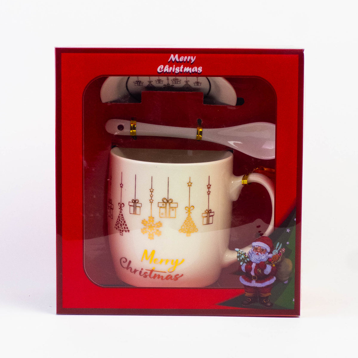 Gold print Christmas mug with lid and spoon in a red Santa gift box