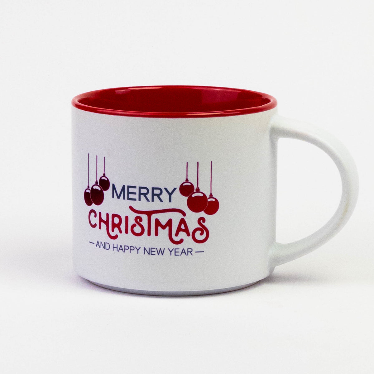 Christmas quote mug #1 "Merry Christmas and Happy New Year" with ornaments