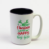 Tall Christmas quote mug #1 "Merry Christmas and Happy New Year" with antlers, black inside