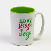 Tall Christmas quote mug #3 "Love Peace Joy" with lime green inside
