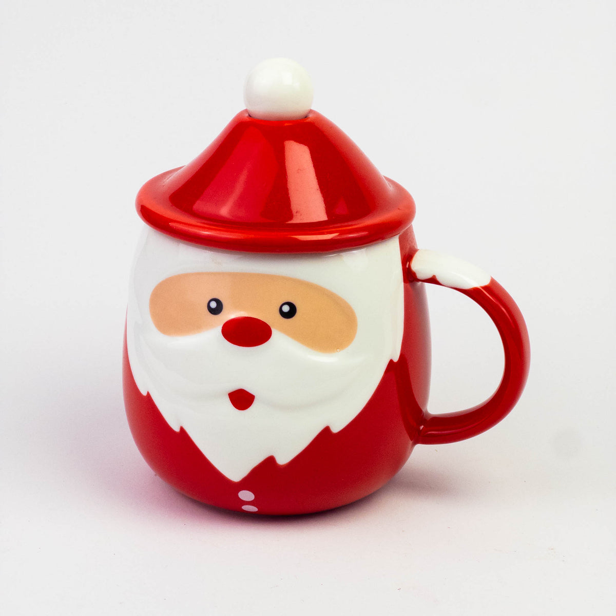 Ceramic Santa mug with a red Santa hat lid and pom-pom spoon