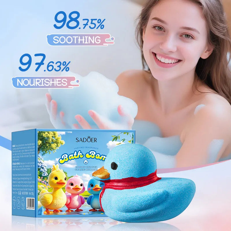 Blue duck bath bomb next to its gift box