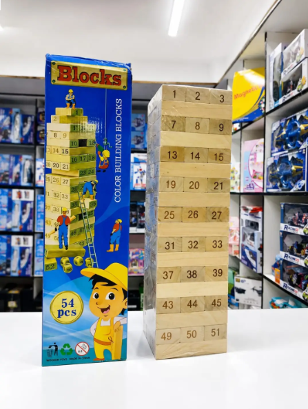 Giant wooden tumbling tower with 54 numbered blocks next to its box