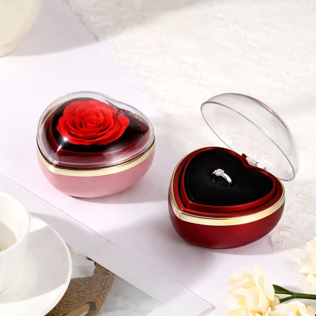 Heart-Shaped Rose Flip Rotating Ring Jewelry Box