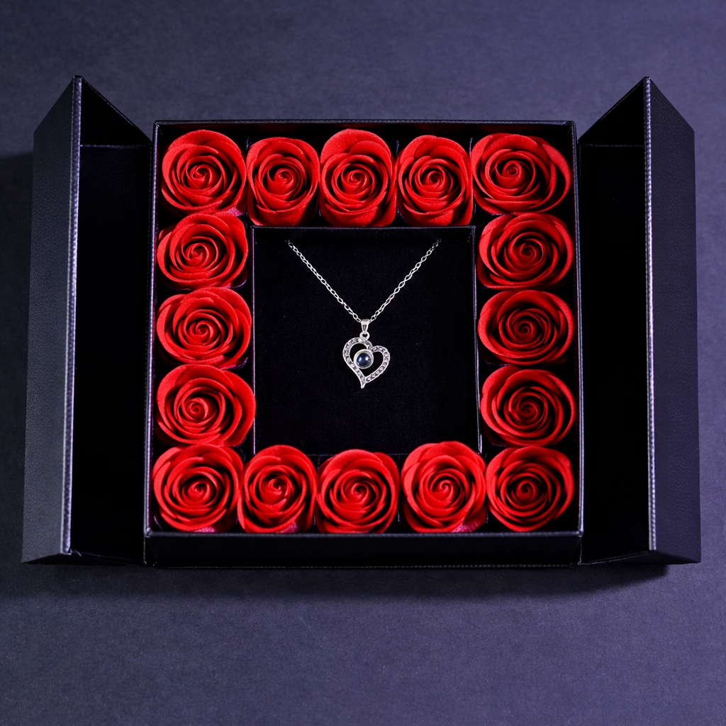 Rose Box + “I Love You” Necklace in 100 Languages