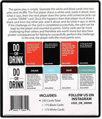 Back of the DO OR DRINK box with rules and 350 cards included