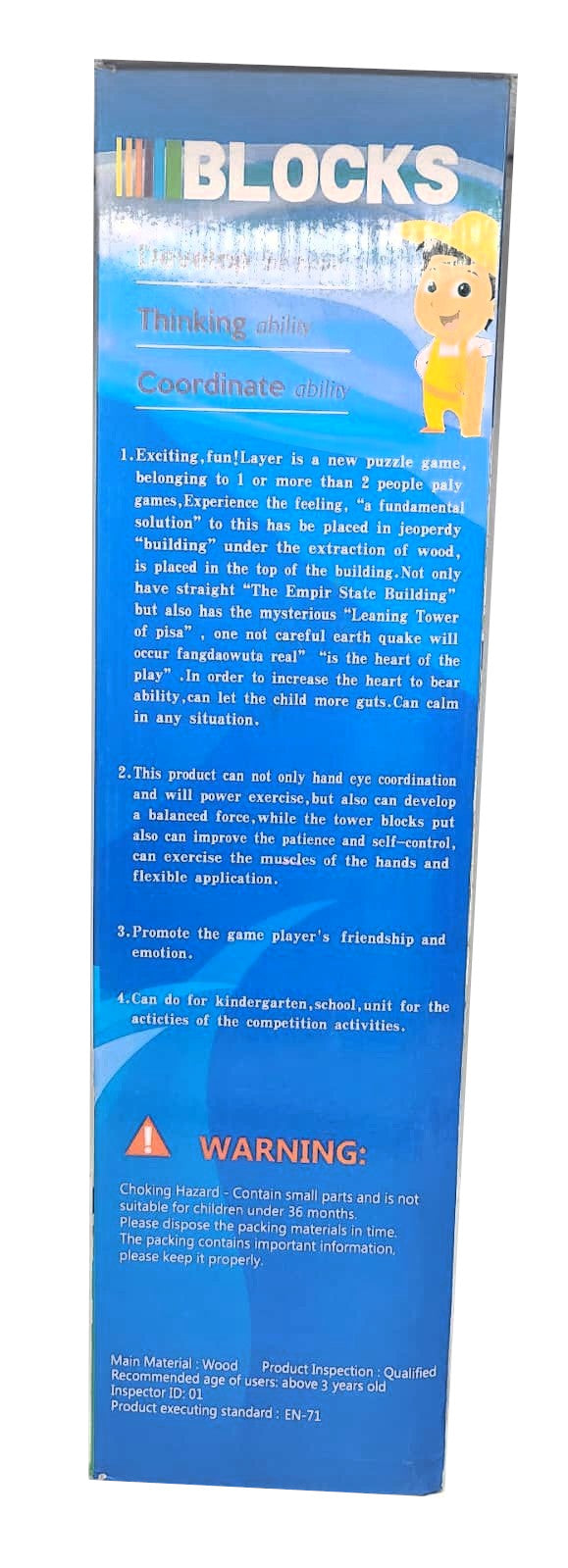 Back of the 54-piece wooden tower box with game info and safety warning