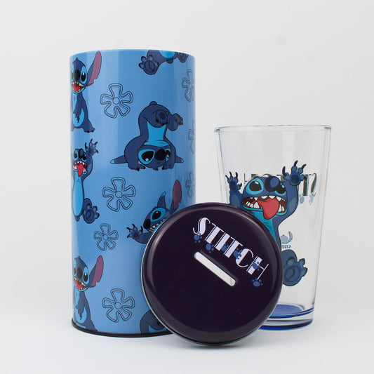 Stitch Glass Cup 500ml + Metal Piggy Bank