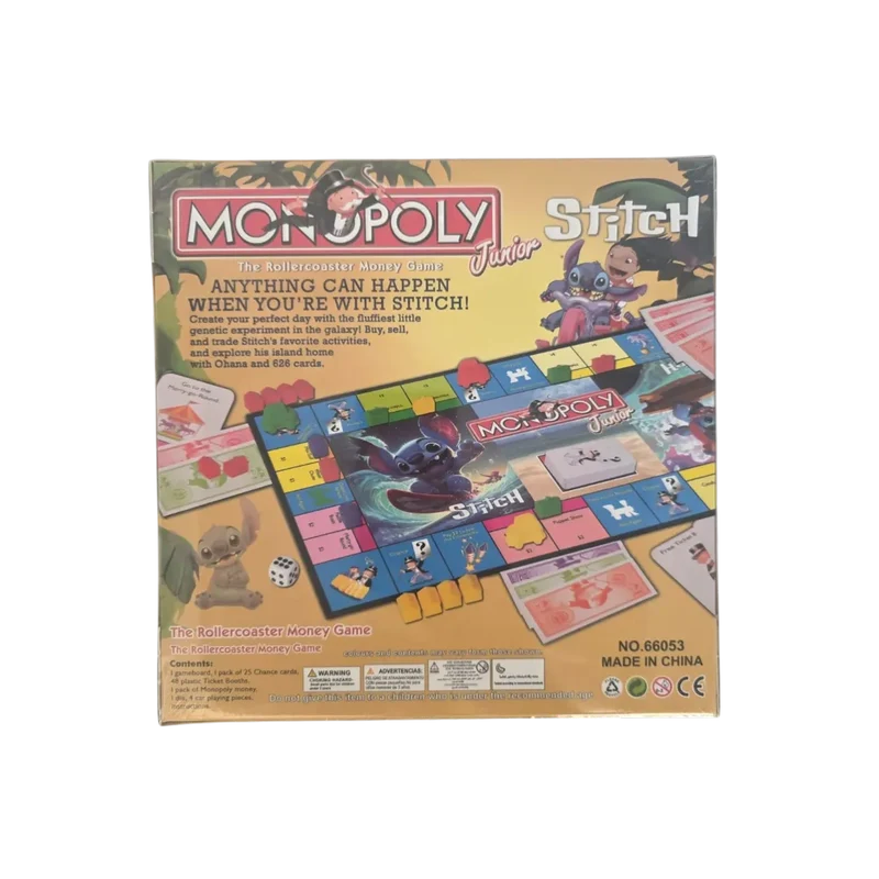 Back of the Monopoly Junior Stitch box showing the game board