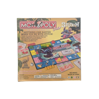 Back of the Monopoly Junior Stitch box showing the game board