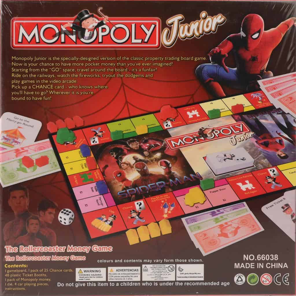 Back of the Monopoly Junior Spider-Man box with contents