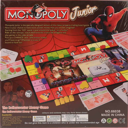 Back of the Monopoly Junior Spider-Man box with contents