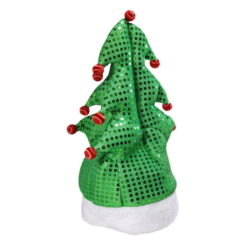 Green sequin Christmas tree party hat with red pom-poms and white plush trim