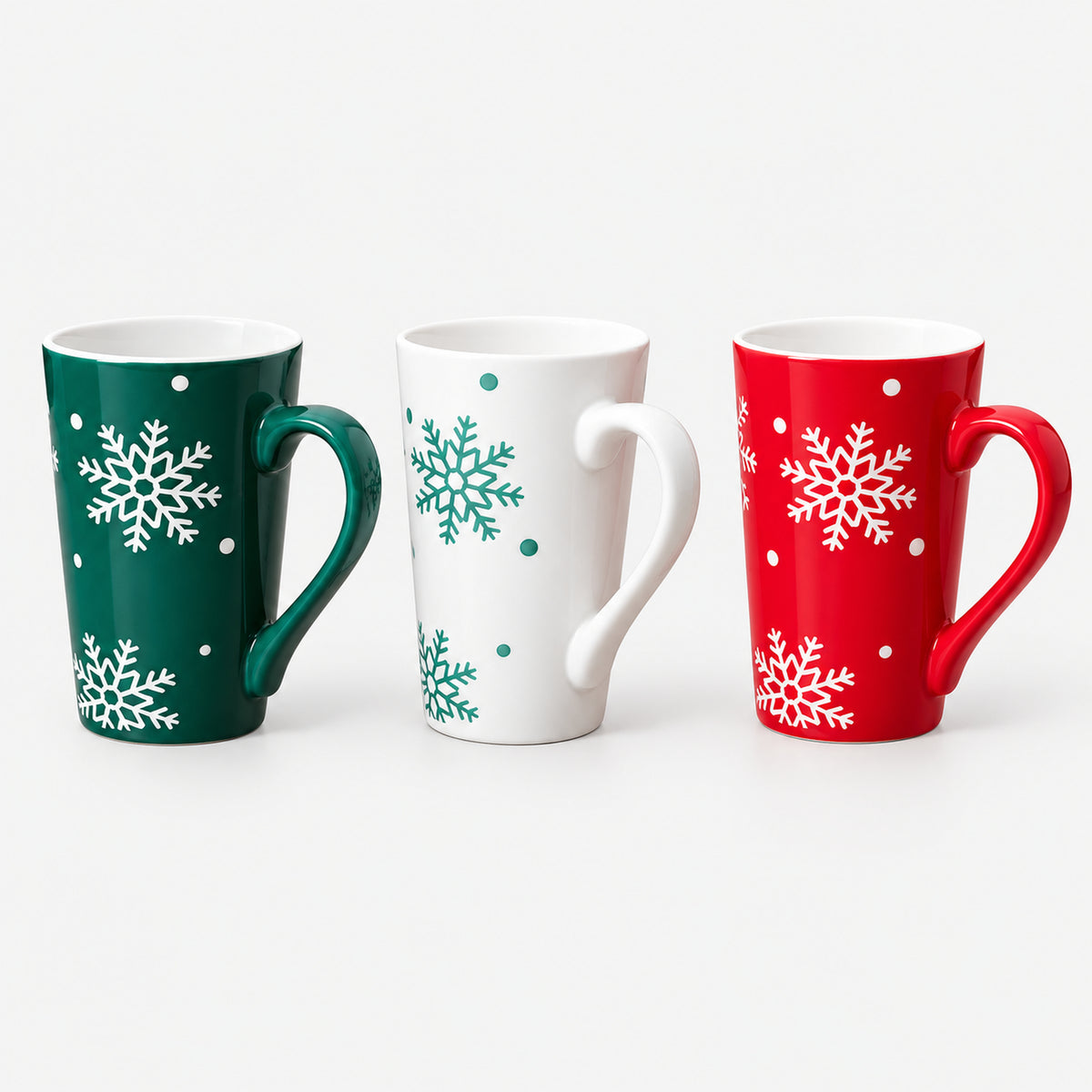 Snowflake Christmas mugs in green, white and red