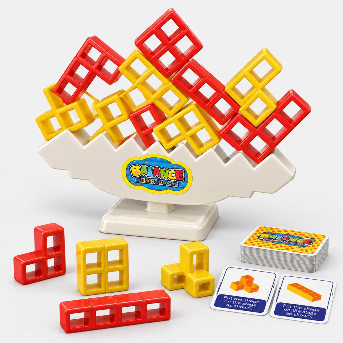 Balance building blocks game with stacked blocks on a seesaw base and challenge cards