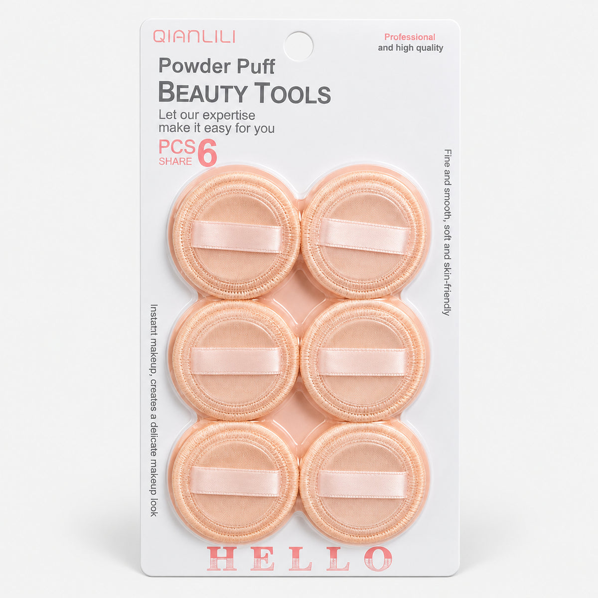 Beige powder puff set of 6 on a blister card