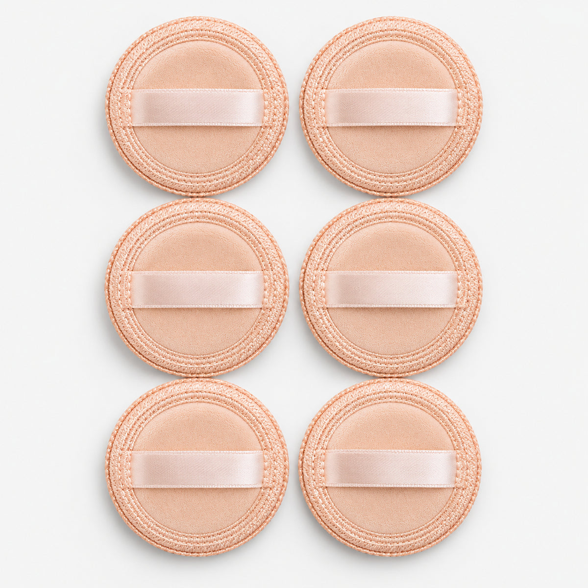 6 beige round powder puffs with ribbon straps