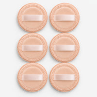 6 beige round powder puffs with ribbon straps