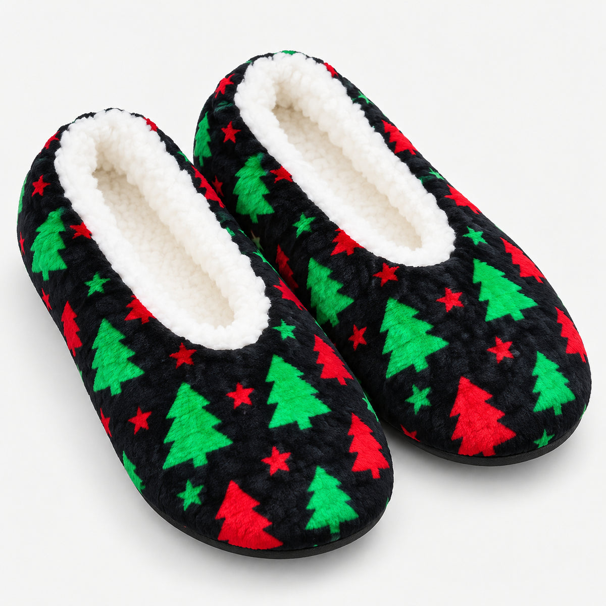 Black Christmas slippers with a green tree and red star print