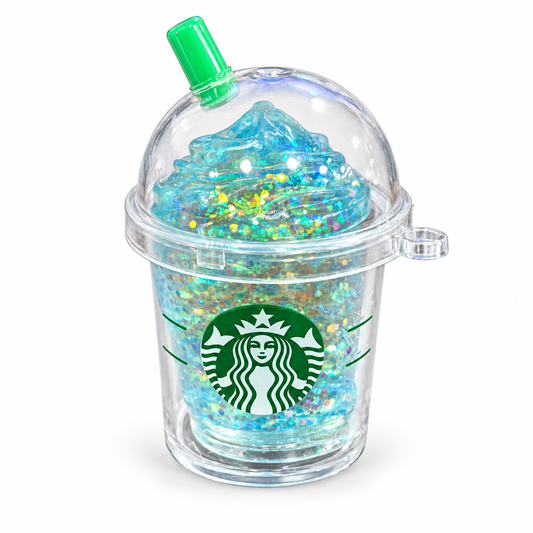 Blue glitter coffee cup squishy in a clear keychain case