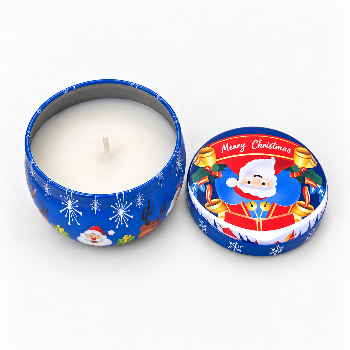 Blue Christmas candle tin with a Santa banner, open with a white candle inside