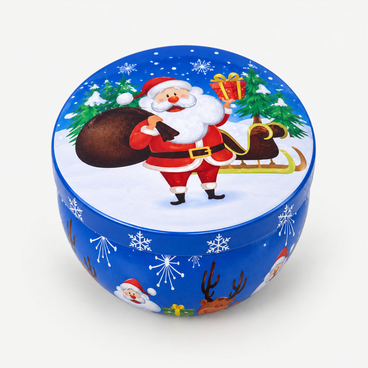 Blue Christmas candle tin with Santa and his sleigh