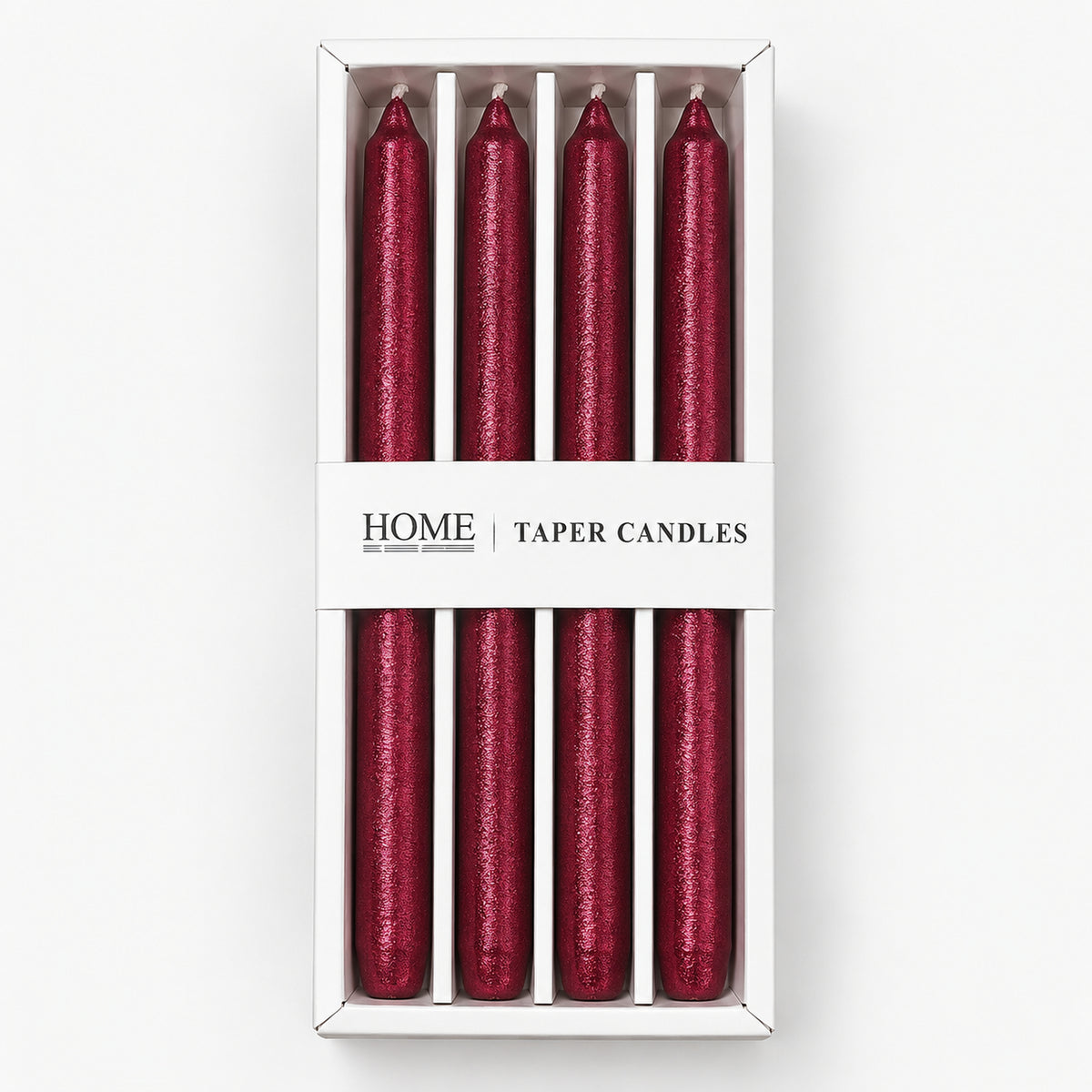 Burgundy metallic taper candles in their window box