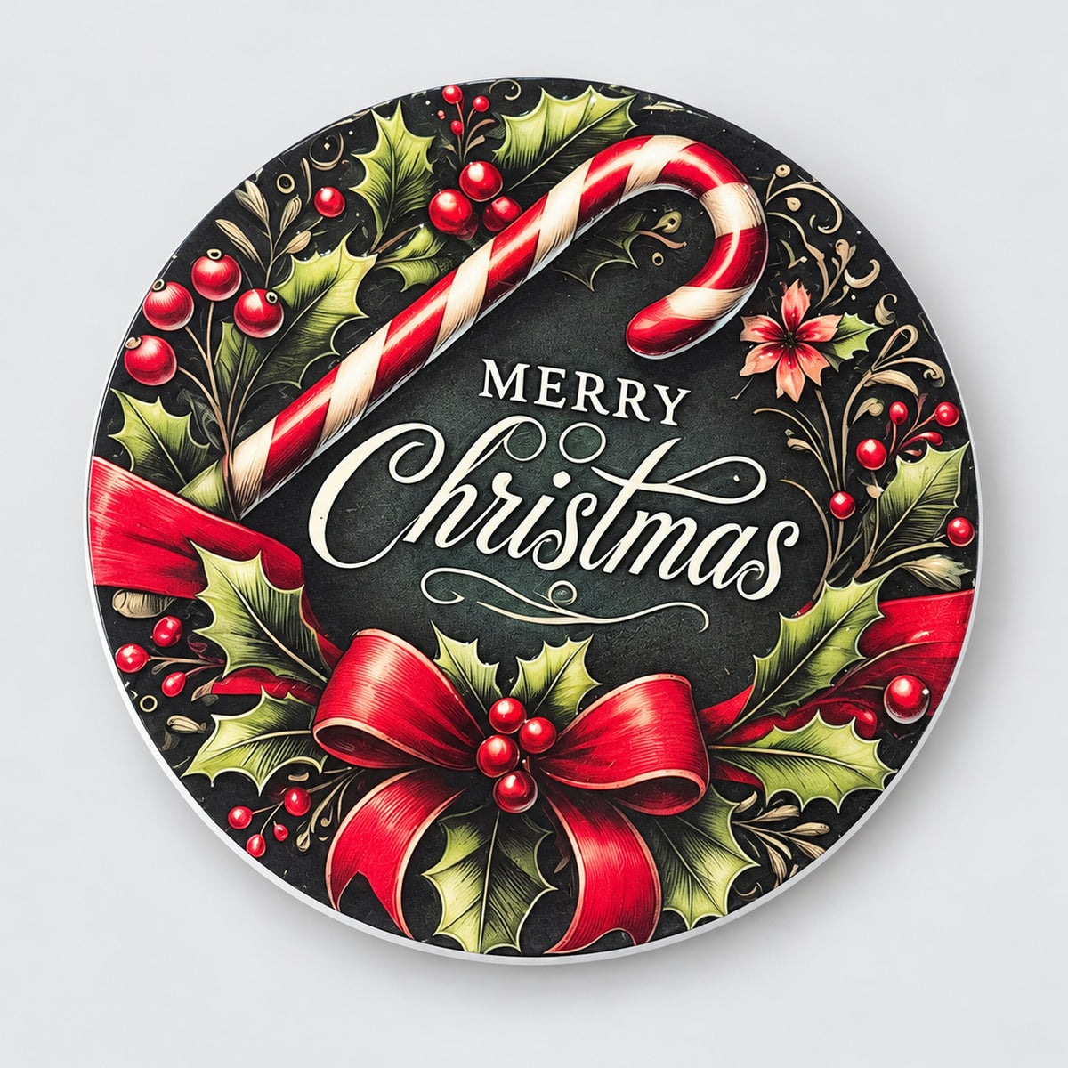 Round Christmas coaster with a candy cane, red bow, holly and Merry Christmas
