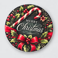 Round Christmas coaster with a candy cane, red bow, holly and Merry Christmas