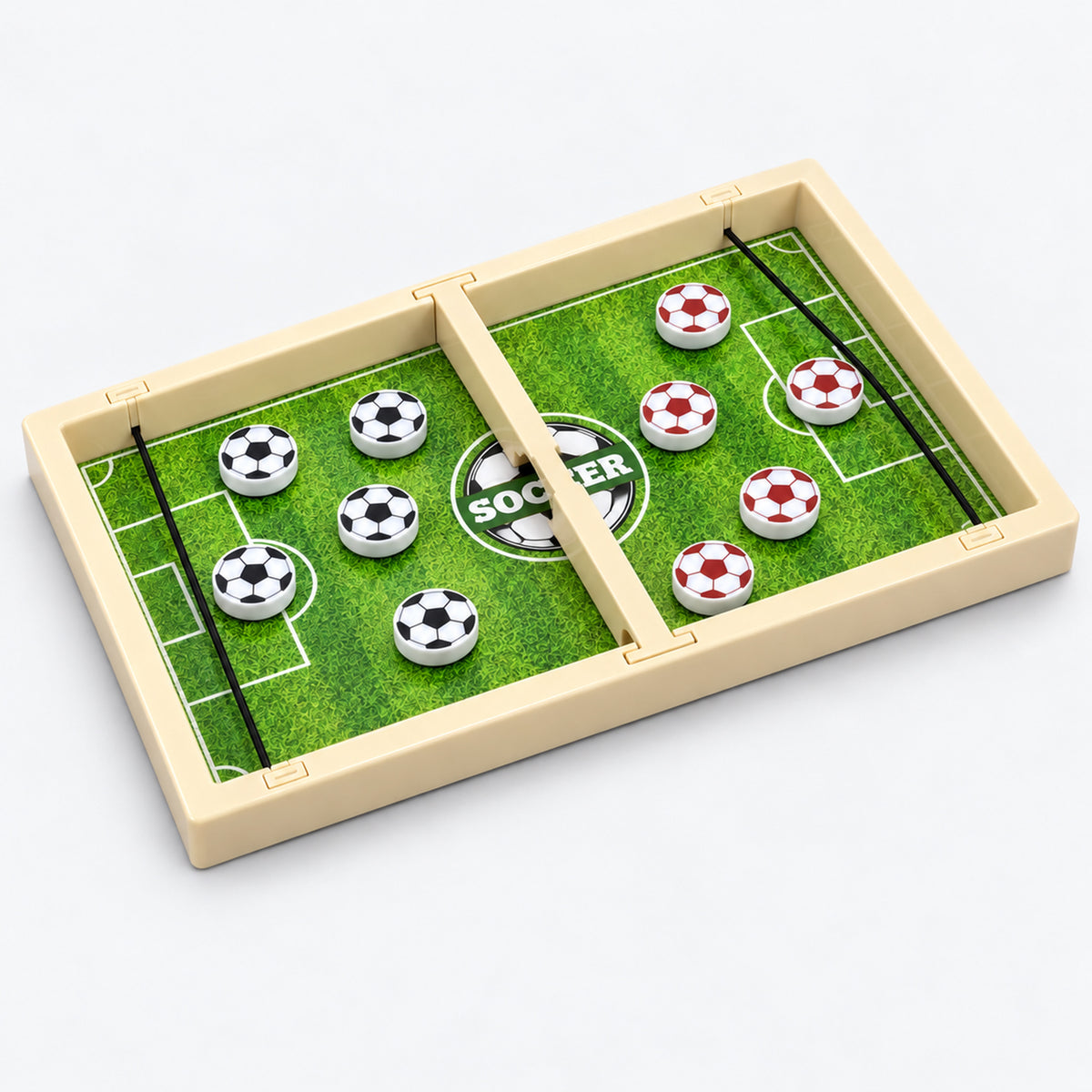 Sling puck soccer game board with soccer-ball pucks
