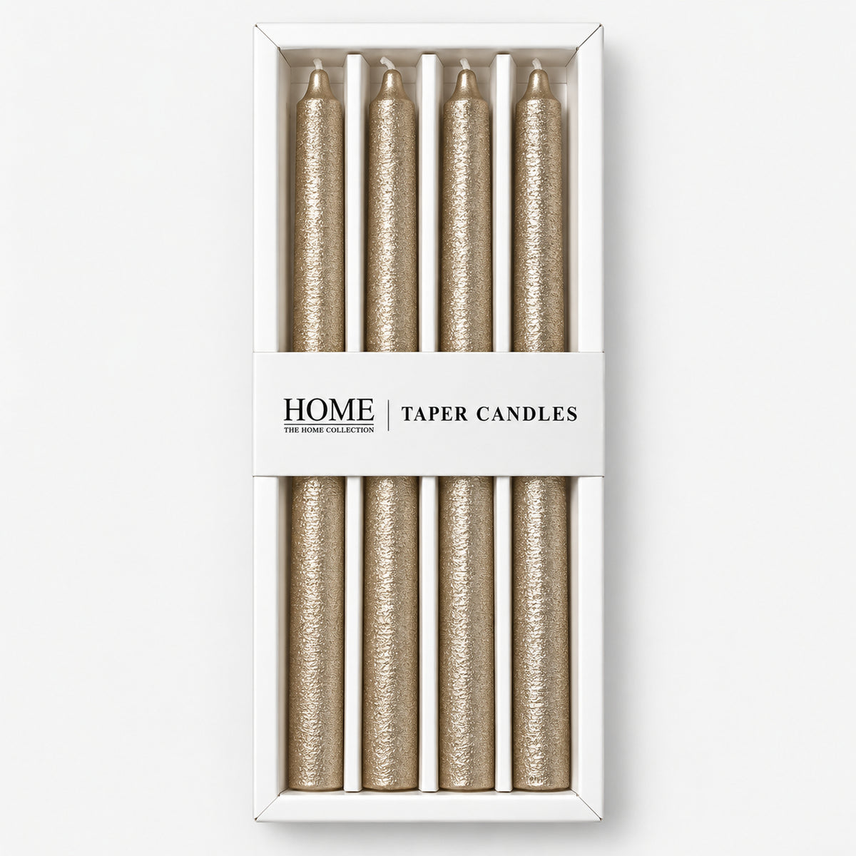 Champagne metallic taper candles in their window box