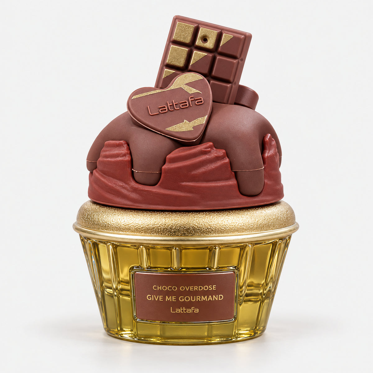 Choco Overdose cupcake perfume bottle with a chocolate bar and chocolate drip