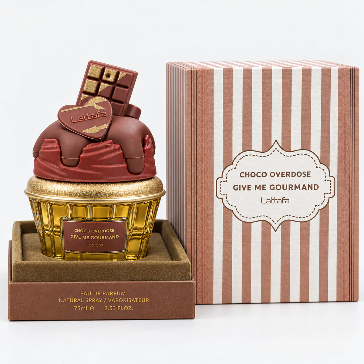 Choco Overdose cupcake perfume next to its striped gift box