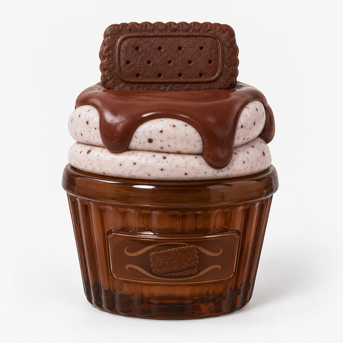 Chocolate cookie cupcake perfume with chocolate drip and a cookie on top