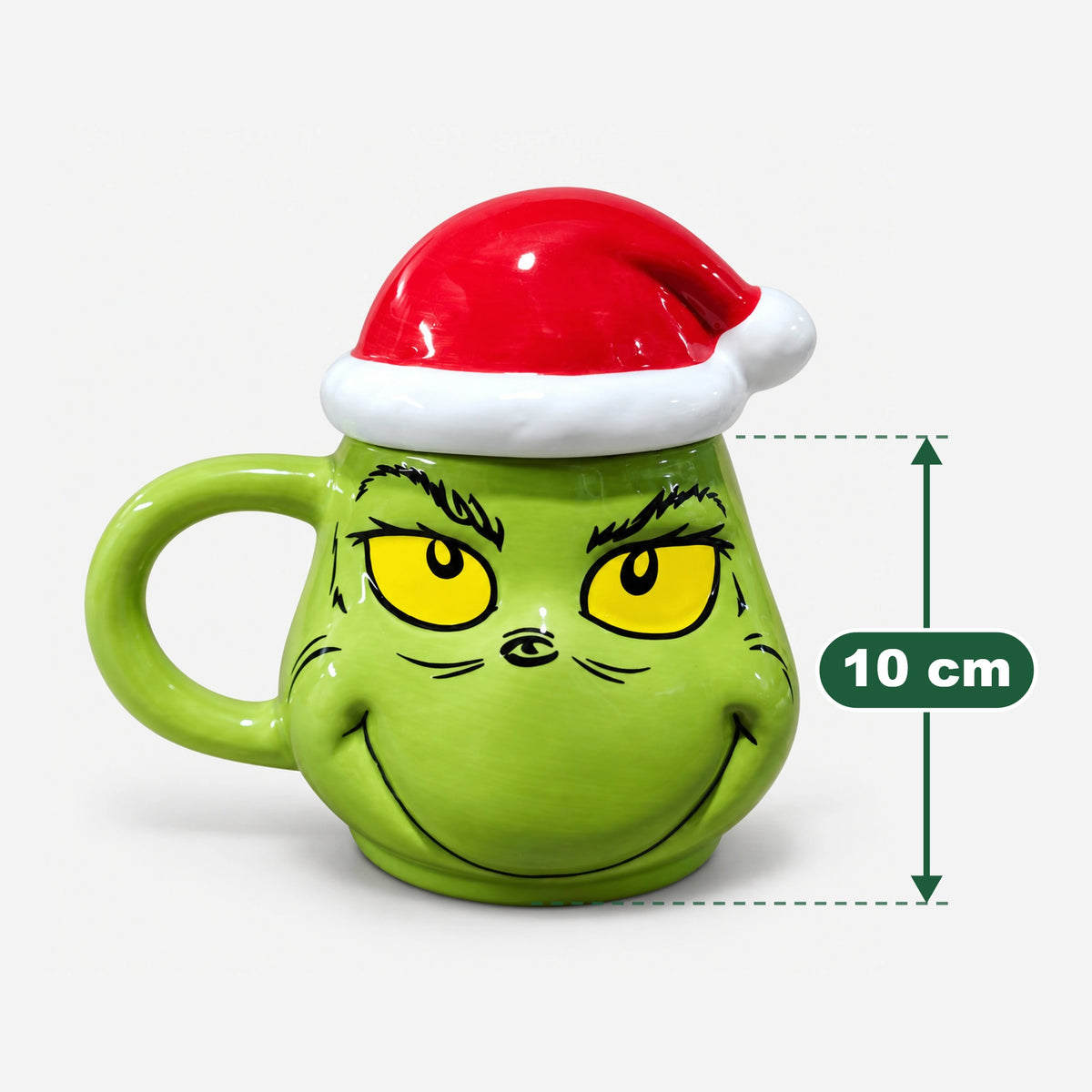 Green character Christmas mug measuring 10 cm high without the lid