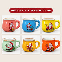 Box of 6 colored rounded Christmas mugs, 1 of each color