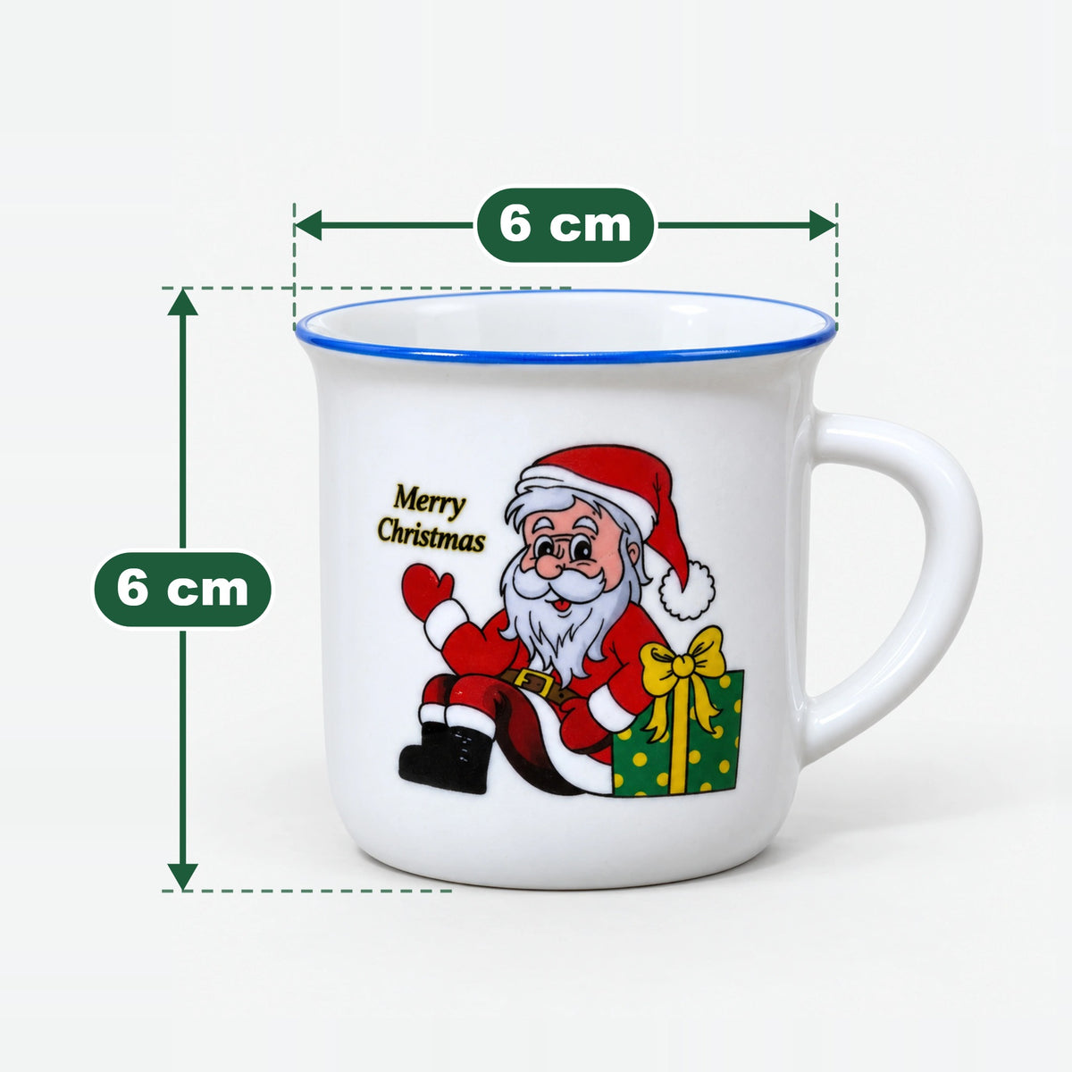 Christmas mini mug with blue rim, 6 x 6 cm size: 6 cm high and 6 cm wide at the top