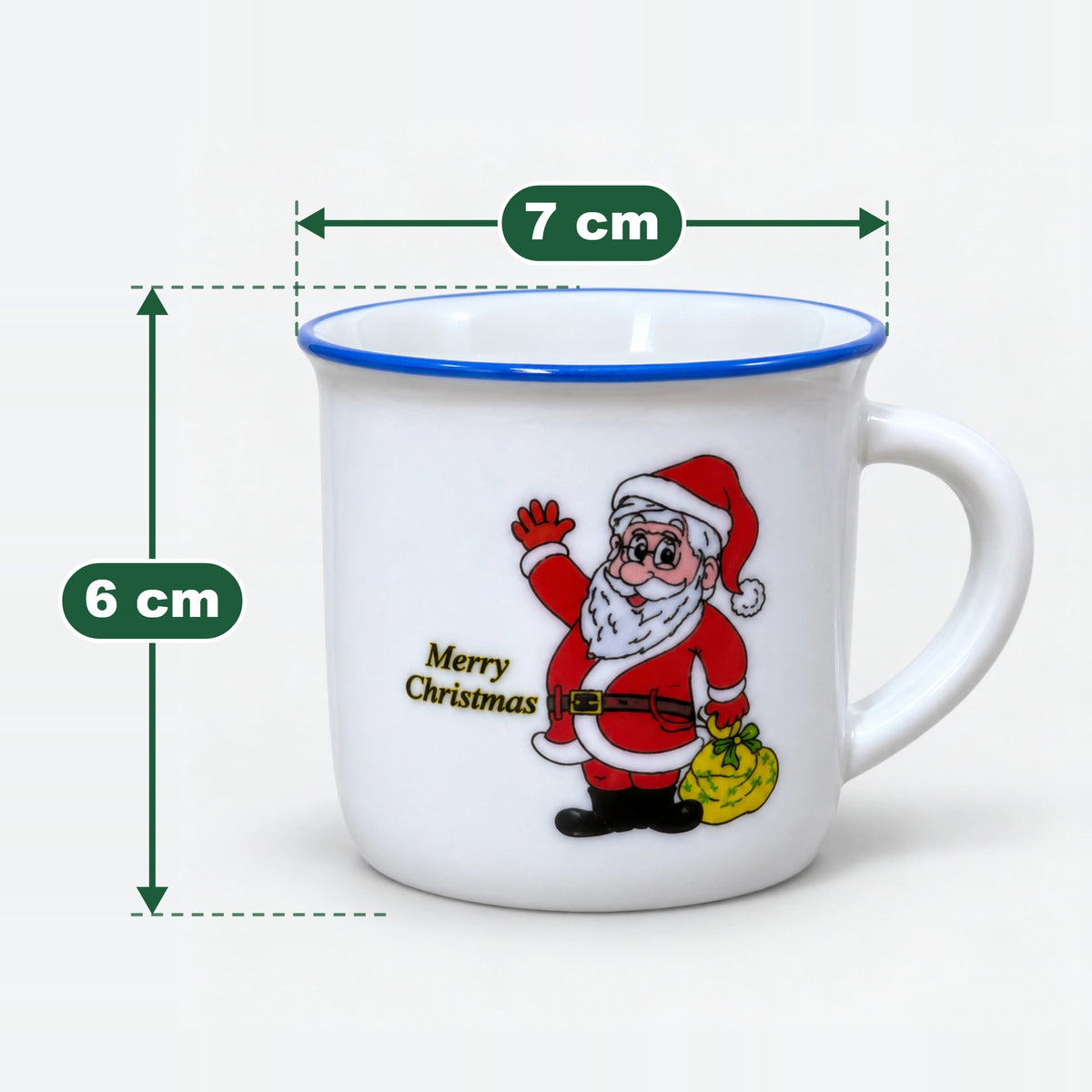 Christmas mini mug with blue rim, 6 x 7 cm size: 6 cm high and 7 cm wide at the top
