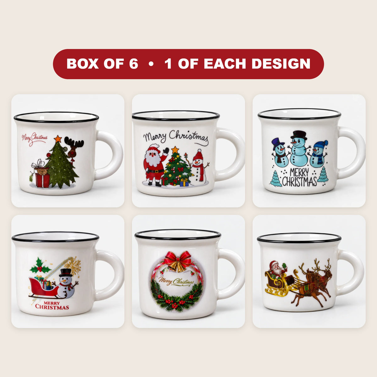 Box of 6 white Christmas mugs with black trim, 1 of each design