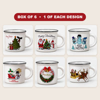 Box of 6 white Christmas mugs with black trim, 1 of each design