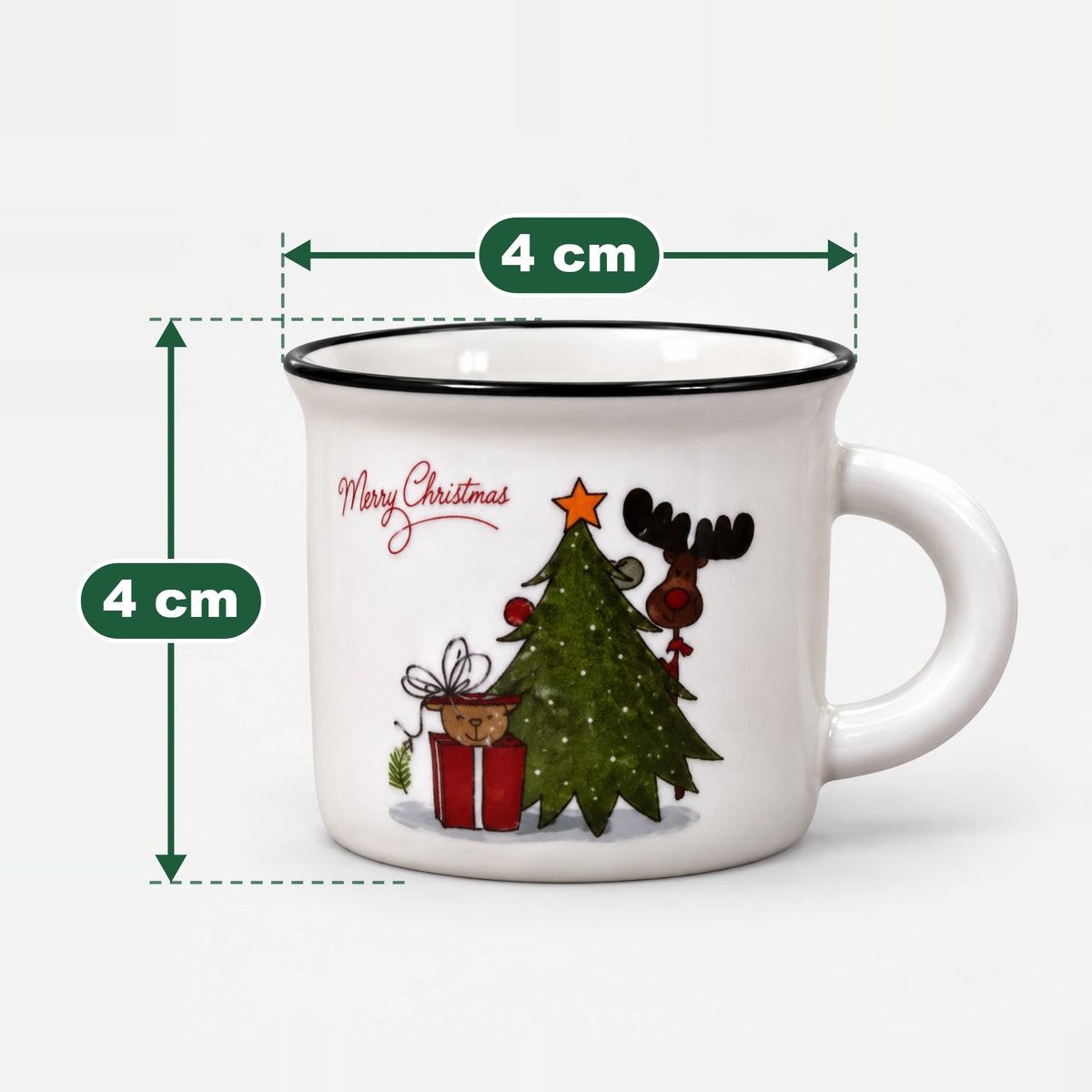 Painted Christmas mug with black trim measuring 4 cm high and 4 cm wide at the top
