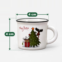 Painted Christmas mug with black trim measuring 4 cm high and 4 cm wide at the top