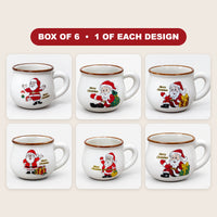 Box of 6 white rounded Christmas mugs, 1 of each Santa design