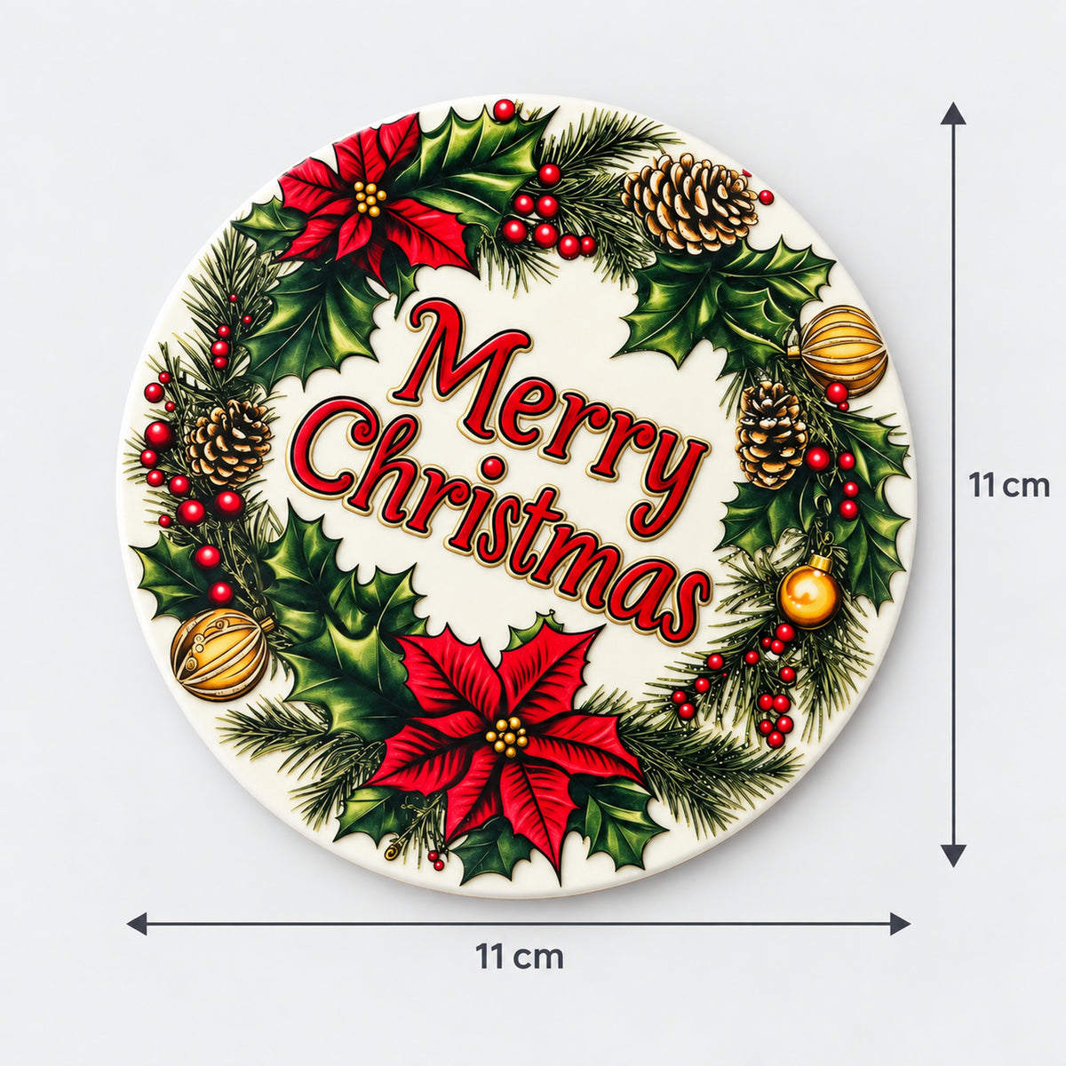 Poinsettia wreath coaster measuring 11 x 11 cm