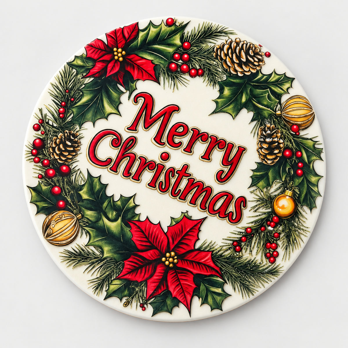 Round Christmas coaster with a poinsettia and pine cone wreath and red Merry Christmas