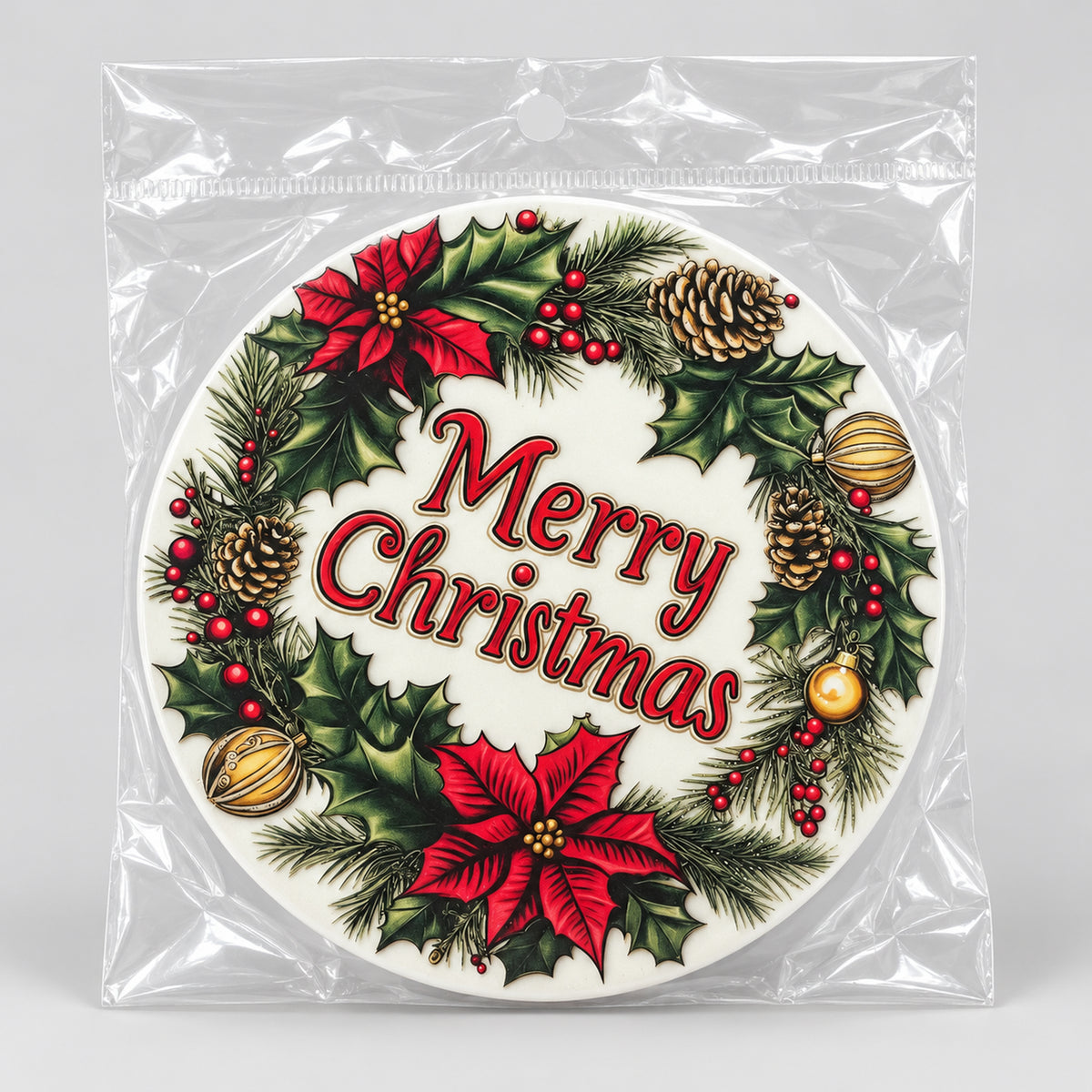 Poinsettia wreath coaster in a clear bag