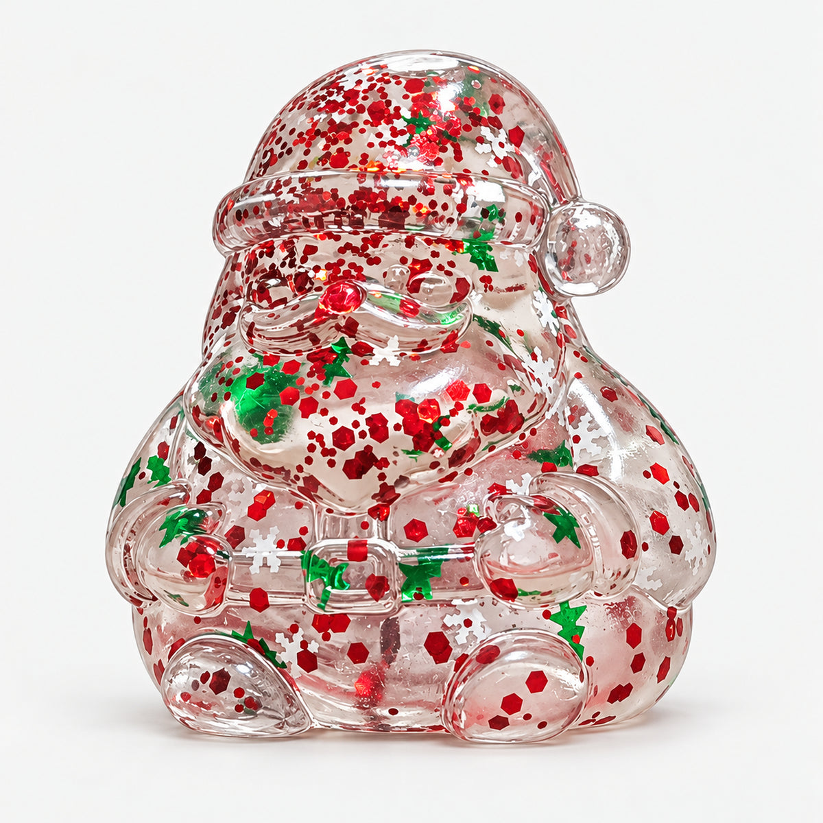 Clear glitter Santa squishy with red and green confetti